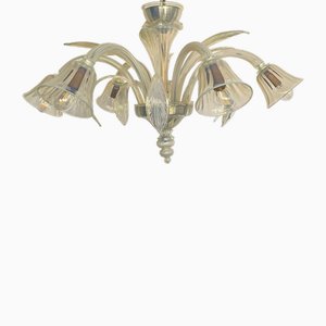 Lustre à 6 Lampes en Verre de Murano Opalin et Doré, 1995