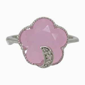 925 Sterling Silver Media Luna Ring with Rose Quartz and Zircons, Italy, 21st Century