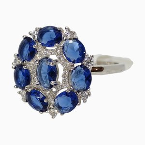 Bague rosace en argent 925 avec racine de saphir et zircons, Italie, XXIe siècle