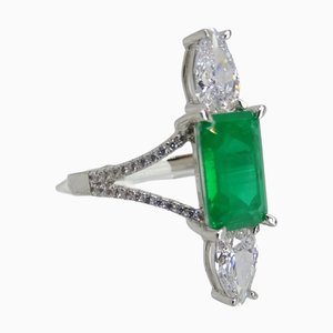 925 Silver Shuttle Ring with Emerald Root and Zircons, Italy, 21st Century