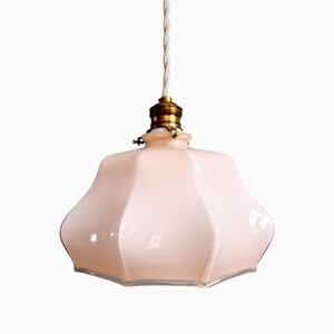 Art Deco Pendant Light in Scalloped Pink Opaline, 1930