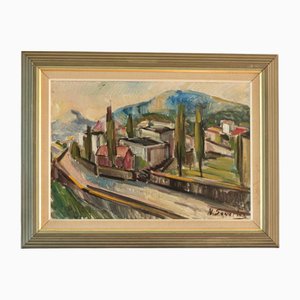 Nils Severin, Hütten, 1950er, Öl auf Leinwand, Gerahmt