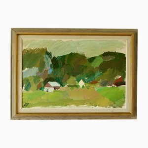 Gösta Stawåsen, Cubist Landscape, 1960s, Huile sur Toile, Encadré