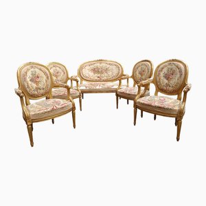 Louis XVI Medaillon Lounge Set aus vergoldetem Holz, 1890er, 5er Set