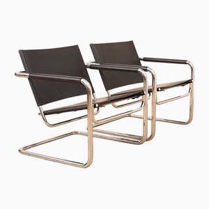 Rondo Cantilever Armchair with Tubular Steel Frame, Black Leather Seat and Back, Leather-Trimmed Armrests from Heinrich Pfalzberger, 1960, Set of 2