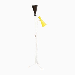 Floor Lamp in White Tubular Steel Rods with Brass Ends and Black/Yellow Painted Sheet Metal Lampshades