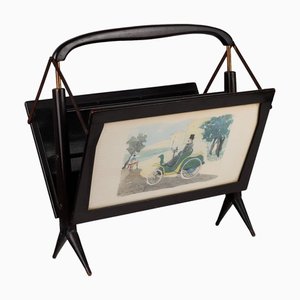 Vintage Folding Magazine Rack in Wood and Brass, 1950s