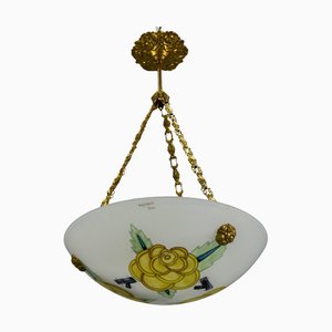 French Art Deco Glass and Brass Flower Pendant Light by Maxonade Paris, 1920s