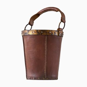 Seau ou Panier Mid-Century en Cuir et Métal, 1940s