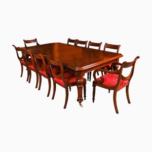 Antique 8ft Flame Mahogany Dining Table and Regency Revival Chairs, 1870, Set of 11