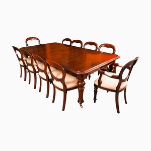 Antique 8ft Flame Mahogany Dining Table and Balloon Back Chairs, 1870, Set of 11