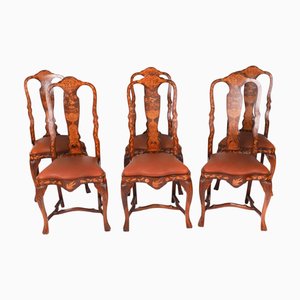 Antique Dutch Marquetry Walnut High Back Dining Chairs, Set of 6
