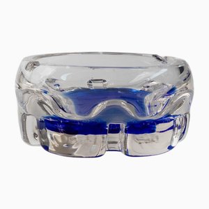Mid-Century Blue and Clear Murano Glass Ashtray with Blue Bubbles, Italy, 1970s