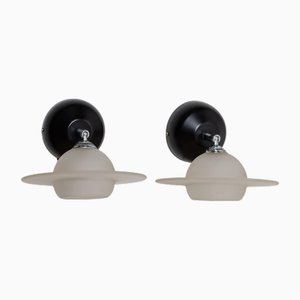 Vintage Planet-Shaped Frosted Murano Glass and Black Metal Wall Lamps from Vetri Murano, Italy, 1980s, Set of 2