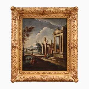 Artista de la escuela veneciana, Capriccio arquitectónico con figuras, 1760, óleo sobre lienzo
