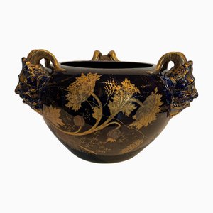 Blue Ceramic Flowerpot with Gilt Decoration, 20th Century