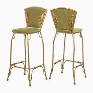 Gilded Cobra Bar Stools with Lime Green Velvet Upholstery, 1970s, Set of 2