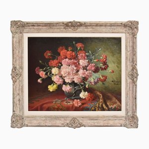 Hans Buchner, Art Deco Still Life with Red Carnations, Late 1800s, Oil on Canvas, Framed