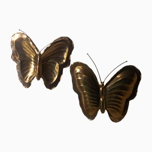Appliques Murales Butterfly Vintage en Métal Doré, 1970, Set de 2