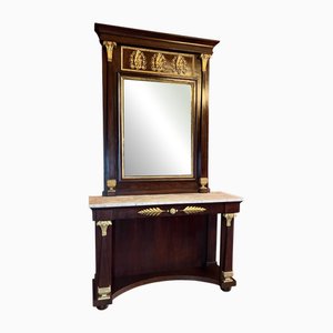 Italian Empire Mahogany and Parcel Gilt Console with Mirror and Carrara Marble Top, Late 18th Century