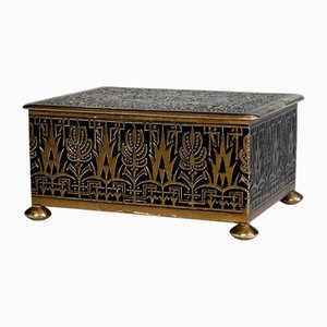Art Deco Enameled Brass and Cedar Wooden Jewelry Box, 1920s