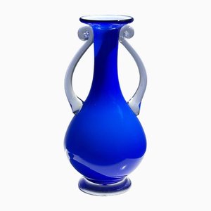 Jarrón posmoderno con asa en azul kobalto, años 90