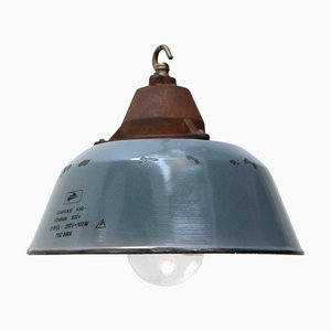 Lámpara colgante industrial vintage esmaltada en hierro fundido y vidrio transparente