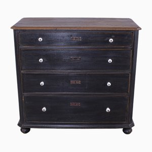 Petite Commode à 4 Tiroirs Antique en Pin Peint en Noir avec Plateau en Chêne et Boutons en Porcelaine, Fin du 19ème Siècle