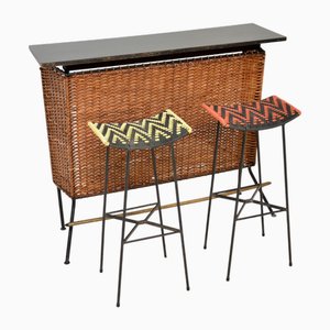 Bar et Tabourets Vintage en Rotin Tissé, 1950s, Set de 3
