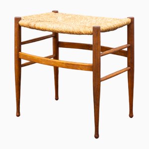Vintage Italian Wood and Straw Stool, 1960s