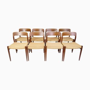 Dining Chairs Model 75 in Teak & Paper Wicker by N.O Møller, 1960s, Set of 8