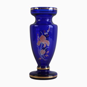 Bohemian Crystal Cobalt Blue Vase with Hand-Painted Floral and Gold Details, 1960