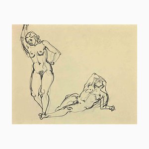 Georges-Henri Tribout, Posing Nus, Dessin au fusain, 1950