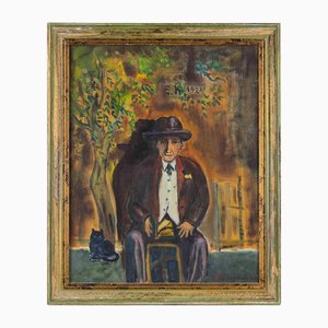 Sirio Pellegrini, Portrait of Old Man with Cat in Capestrano, Oil on Board, 1968, Framed