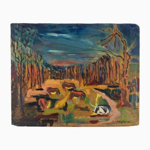 Sirio Pellegrini, Grazing Animals in Manziana, Oil Painting, 1969