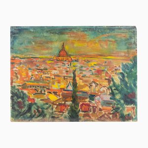 Sirio Pellegrini, Vue de Rome de Gianicolo, Peinture à l'Huile, 1970
