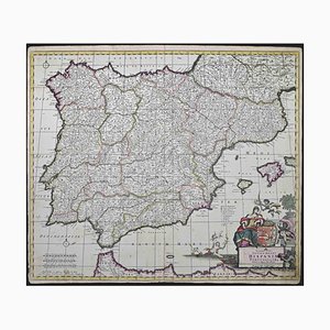 Accuratissima Totius Regni Hispaniae. Map Etching by Frederick de Wit, 1680s