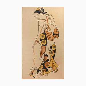 Leonard Tsuguharu Foujita, Geisha Playing with a Kitten, Litografia, 1926