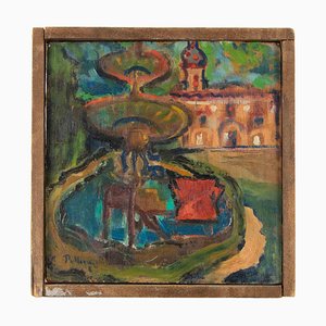 Sirio Pellegrini, Square in Capestrano, Peinture à l'Huile, 1967