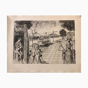 Paul Delvaux, Construction d'un temple en ruine, Planche n° 9, Eau-forte, 1973