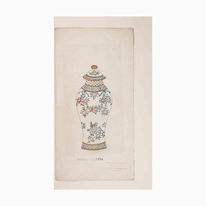Gabriel Fourmantraux, Chinese Vase, Ink and Watercolor Drawing, 1930s