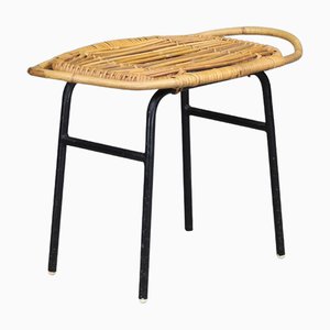 French Modern Rattan and Bamboo Black Lacquered Side Table, 1950s