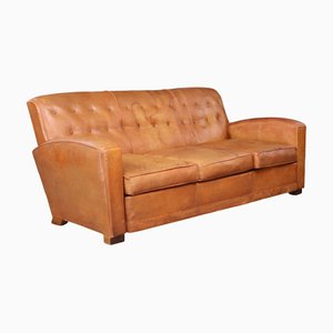 Französisches Art Deco Lounge Sofa aus patiniertem Leder, 1930er