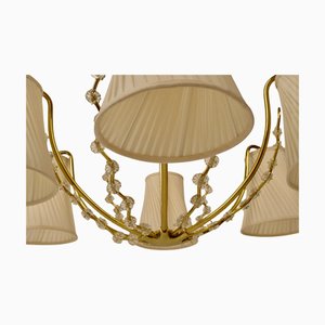 Österreichischer 6-armiger Kronleuchter aus Messing mit Seidenschirm, Josef Frank zugeschrieben, 1950er