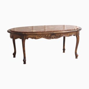 French Coffee Table with Red Marble Top and Curved Wooden Frame