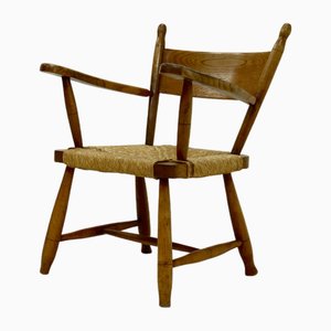 French Blonde Oak and Rush Armchair, 1950s