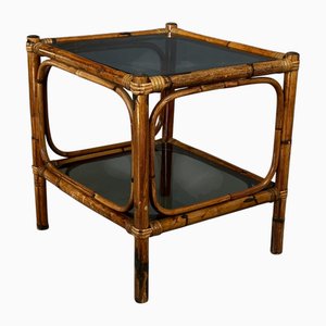 Italian Bamboo Coffee Table with Two Smoked Glass Shelves, 1970s