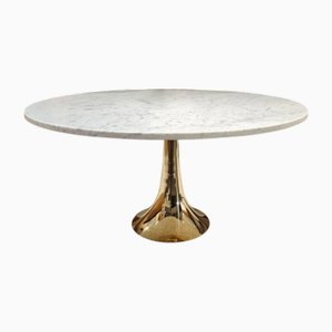 Round Table in White Grey Veined Marble with Brass Base, 1970s