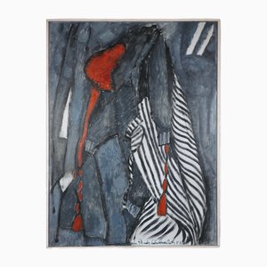 Mado Schoolmeesters, Abstract Graphic Artwork in Black, White and Red, 1980s, Oil on Canvas