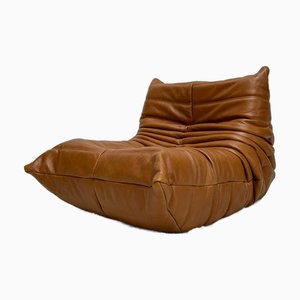 Poltrona Togo vintage in pelle marrone cognac di Michel Ducaroy per Ligne Roset
